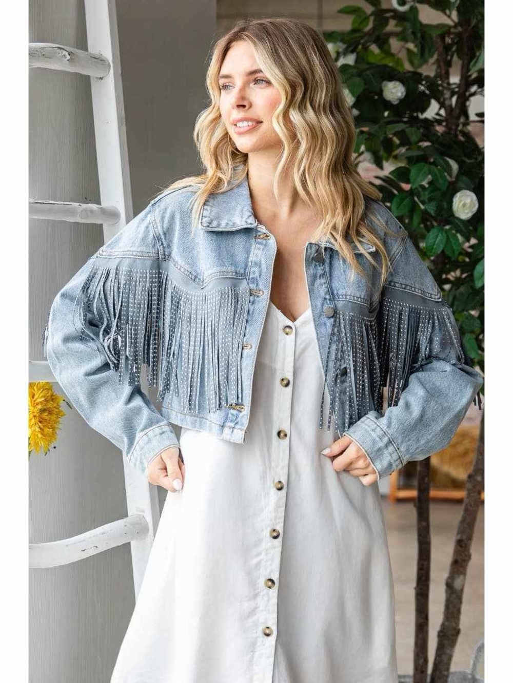 Fringed Light Wash Denim Crop Jacket